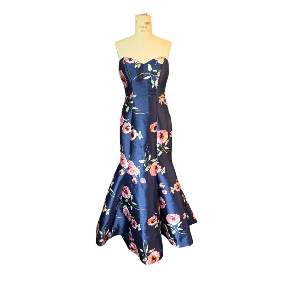 B. Darlin Navy Floral Strapless Mermaid‎ Gown Sweetheart Formal Dress Size 7/8
